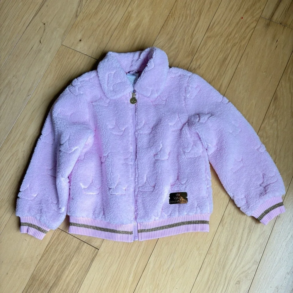 Disney Store Princess Sherpa Jacket Girls Pink Fuzzy Crown Coat Size 5/6